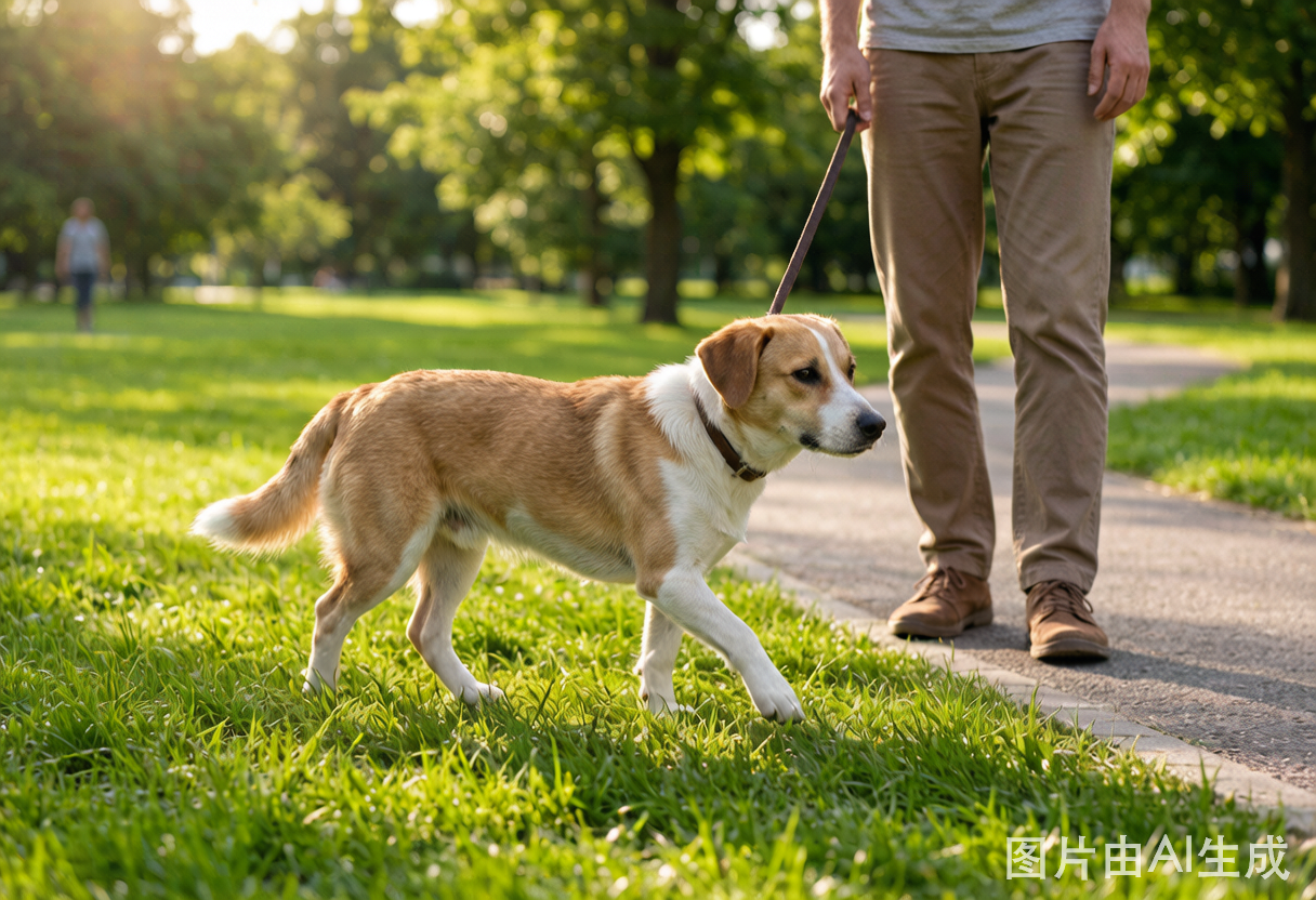 A dog on a calm walk on a leash
