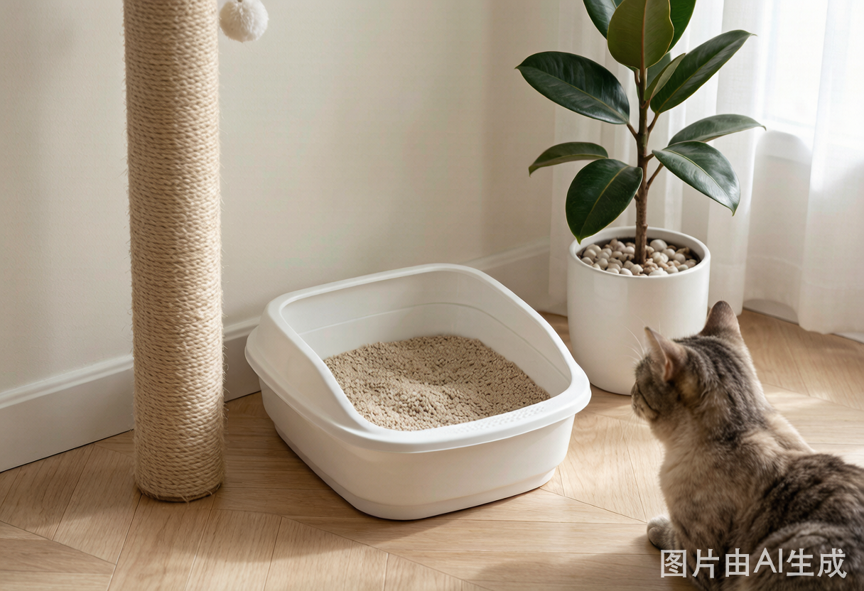 A cat litter box in a quiet corner