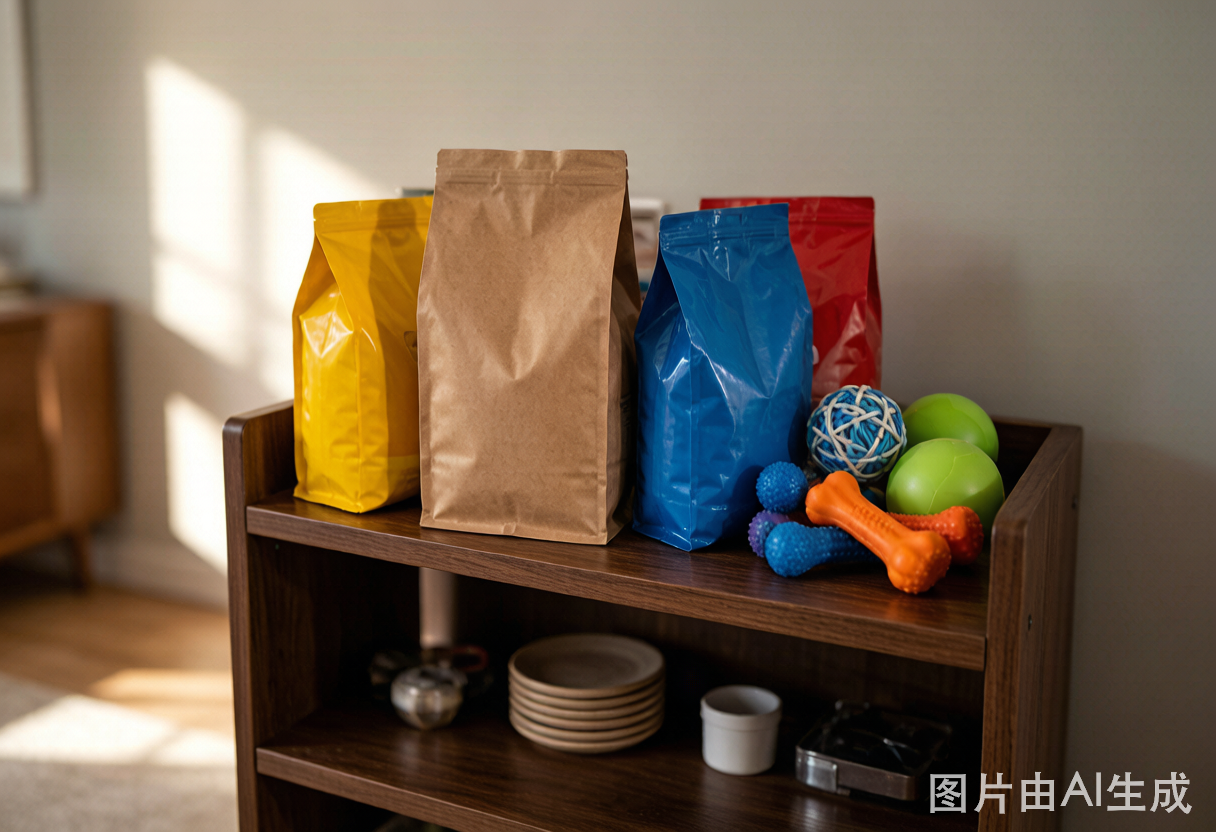 A wooden shelf stocked with pet supplies like food bags and toys