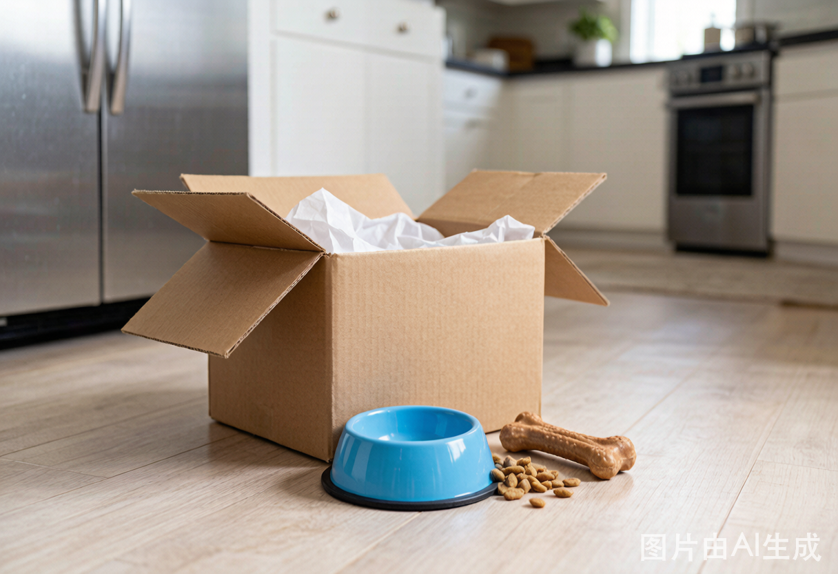 An open shipping box of pet supplies on the floor
