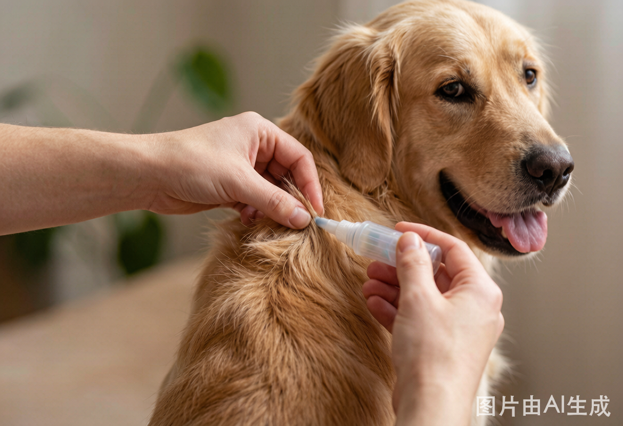 Applying a topical flea treatment to a dog's neck