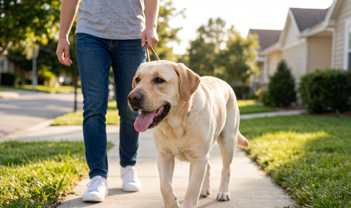 Happy Labrador walking on a loose leash beside owner on a sunny sidewalk