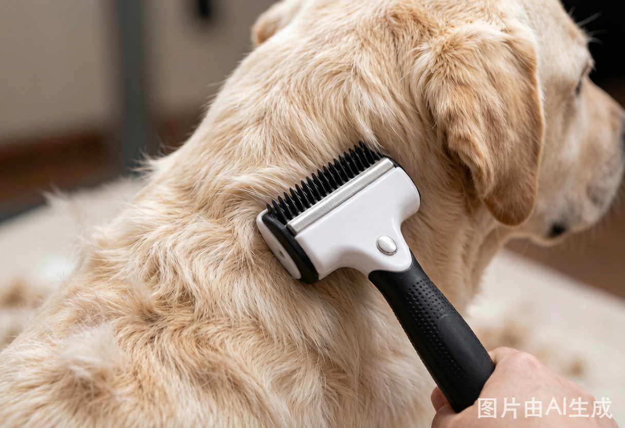 A deshedding brush on a dog's coat