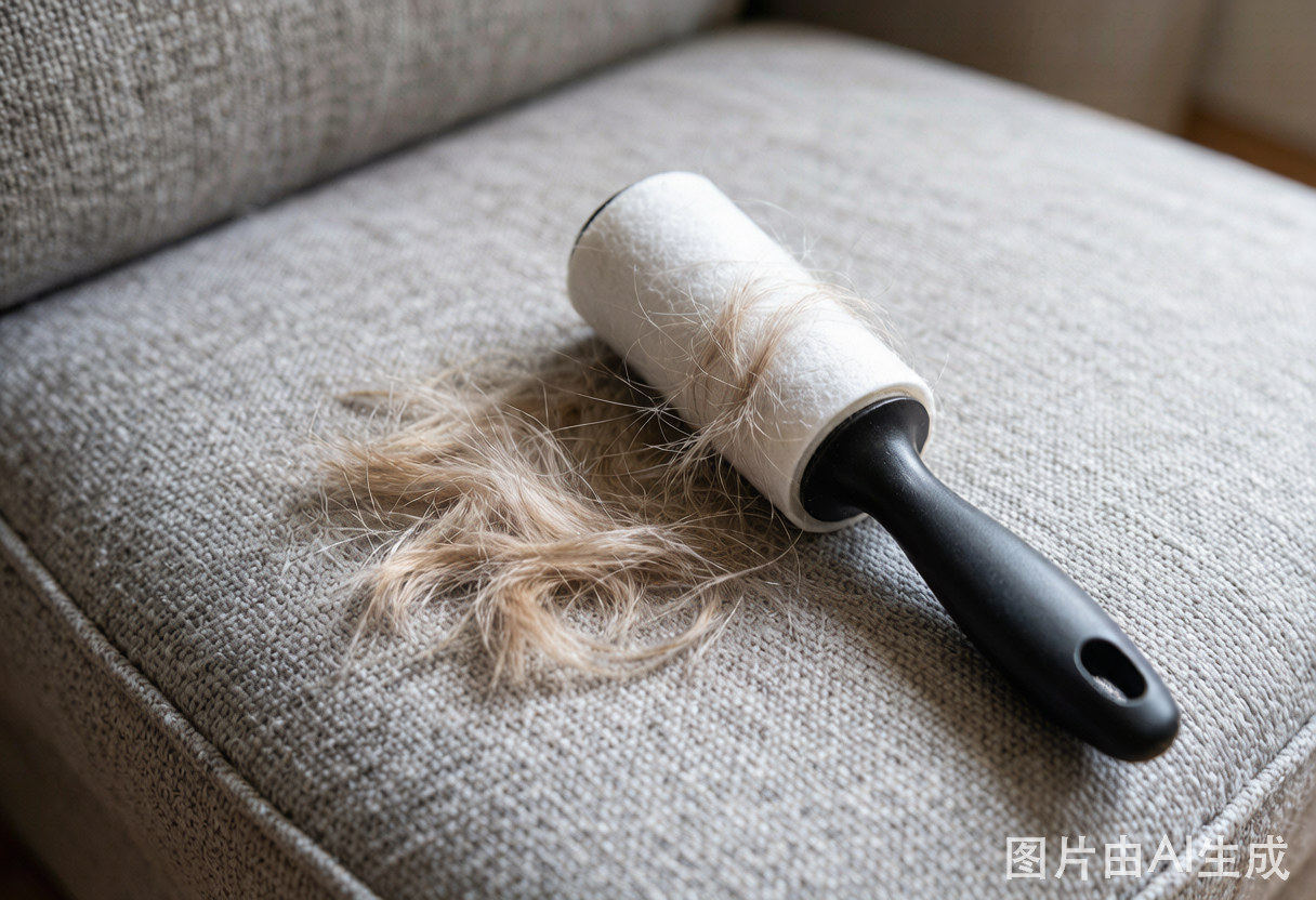 Pet hair on a couch with a lint roller